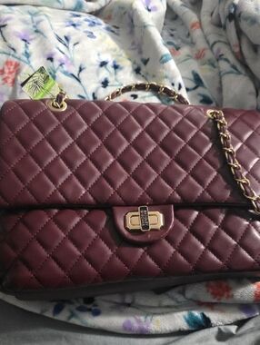 Badgley Mischka Quilted Shoulder Bag in Burgundy with Gold Hardware